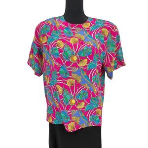 Vintage‎ Meeting Street 100% Silk Seashell Pearl Fan Career Workwear Blouse Med